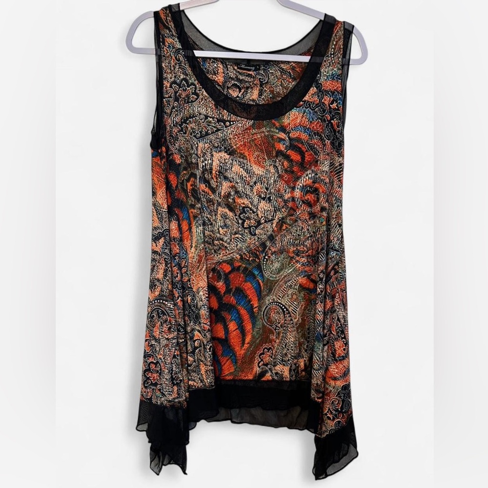 Mesmerize Boho Sleeveless Top | Large | Orange Paisley Pattern, Handkerchief Hem